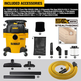 DEWALT STEALTHSONIC 5-gallon vacuum in a garage cleanup scenario.