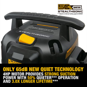 DEWALT STEALTHSONIC 5-gallon vacuum hose and attachments ready for use.