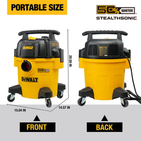 DEWALT STEALTHSONIC 5-gallon vacuum motor close-up highlighting quiet operation.
