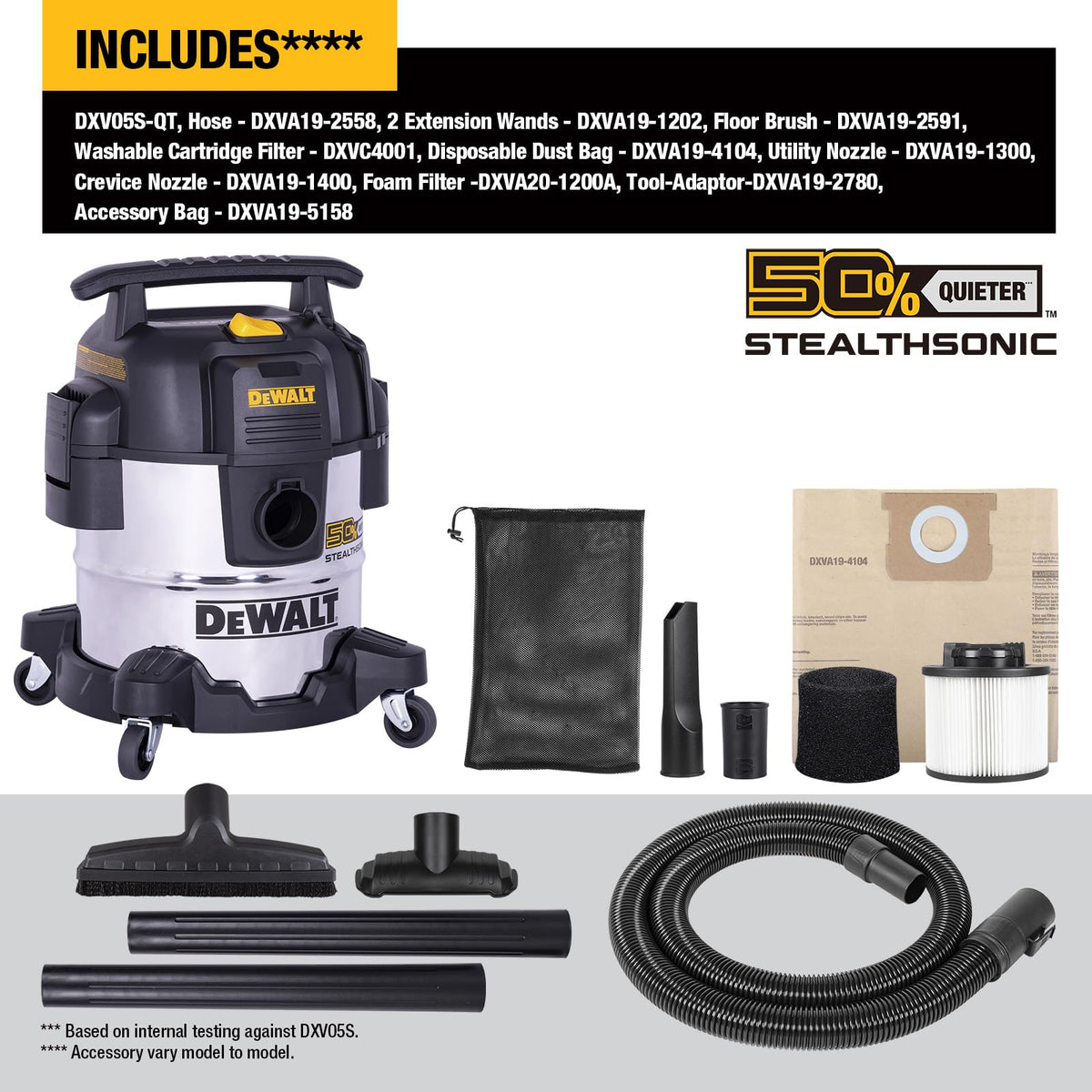 DEWALT STEALTHSONIC 5 gal vacuum with rear cord storage for quick setup