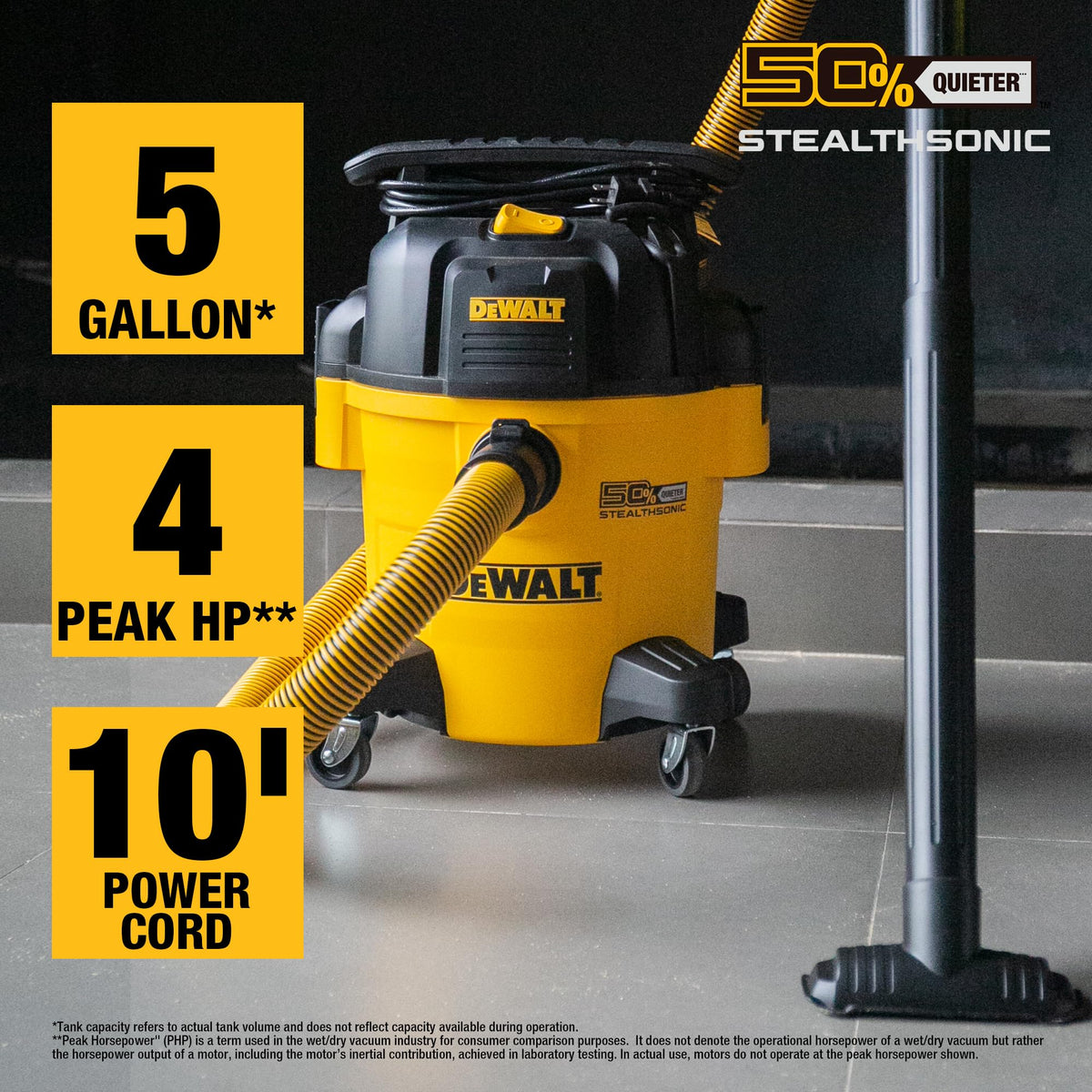 DEWALT STEALTHSONIC 5-gallon vacuum side view highlighting portable design.