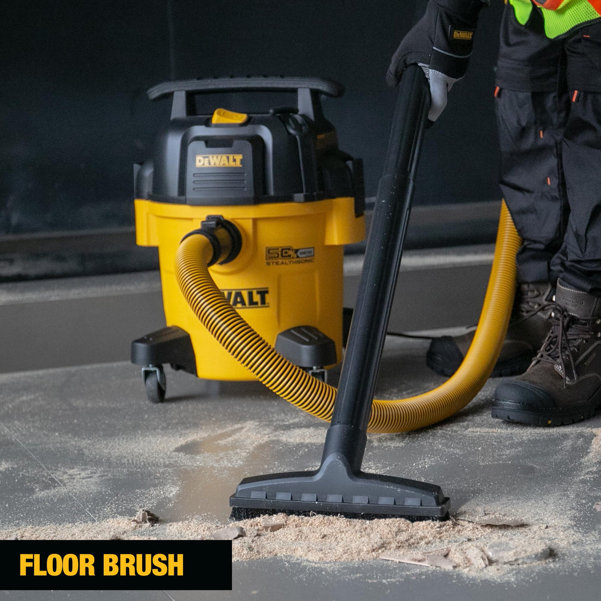 DEWALT STEALTHSONIC 5-gallon vacuum with wheels for easy mobility.