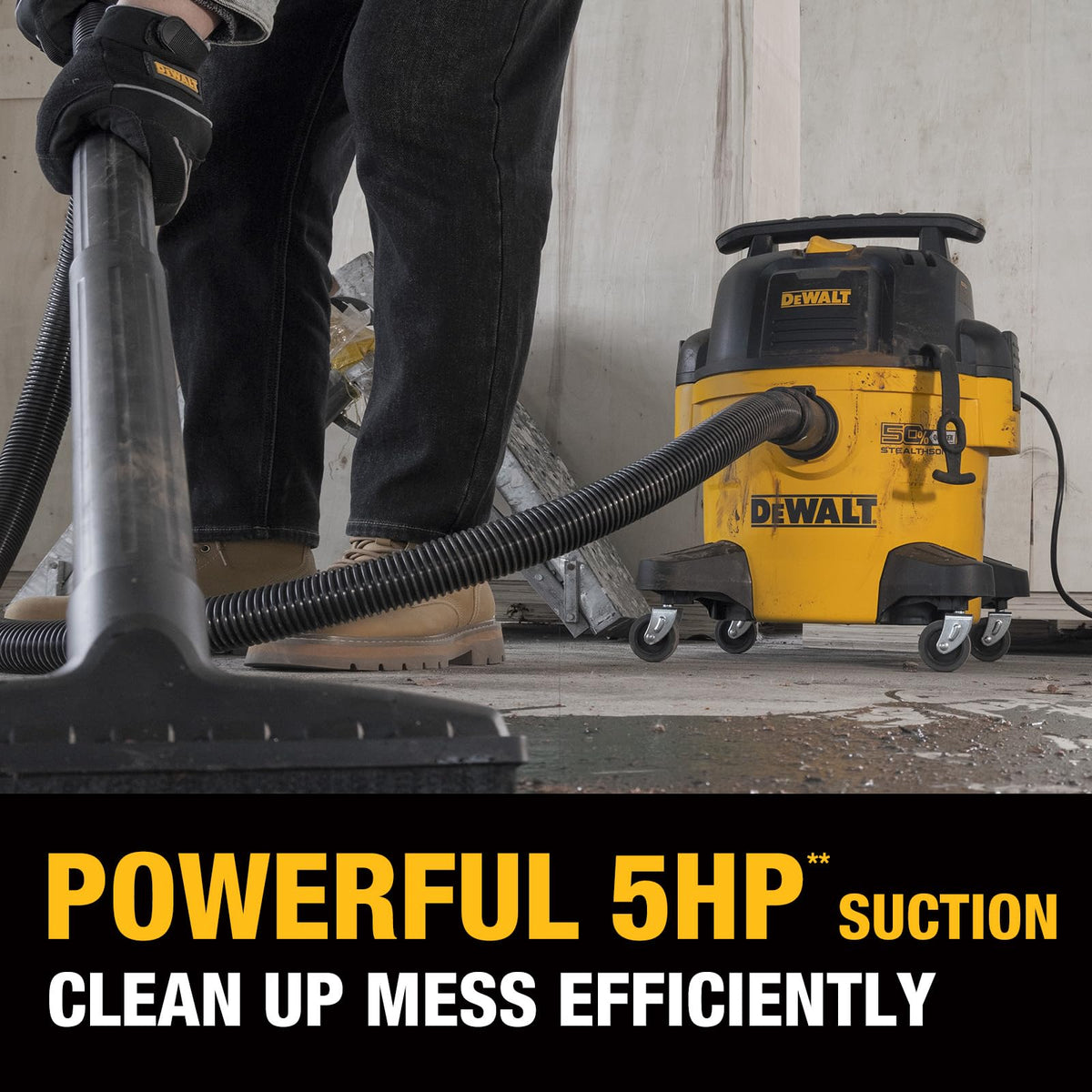 DEWALT Stealthsonic 5hp motor delivers strong suction for messes