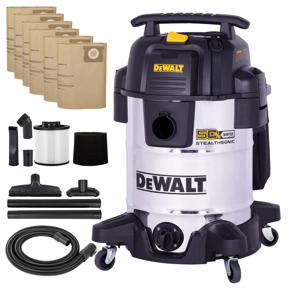 DEWALT Stealthsonic front view showing a 10 gallon unit for flexible cleanup.