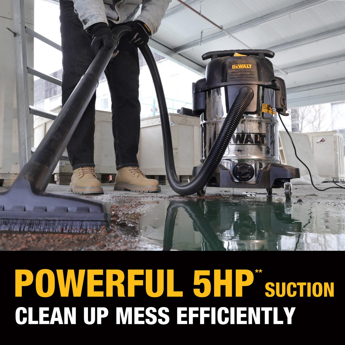 Stainless steel tank visible, emphasizing durability for wet and dry use.