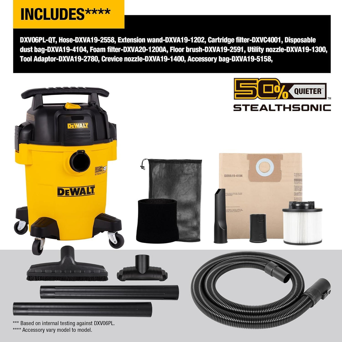 DEWALT STEALTHSONIC vacuum—complete accessories kit for versatile cleaning tasks.