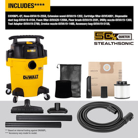 DEWALT STEALTHSONIC vacuum—complete accessories kit for versatile cleaning tasks.