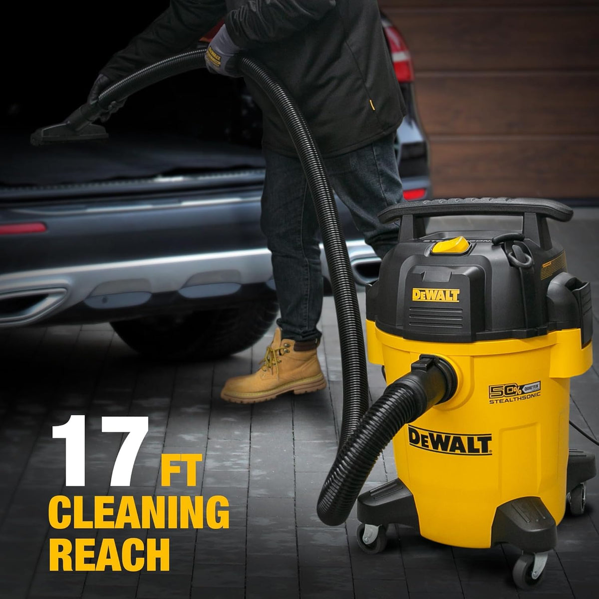 DEWALT STEALTHSONIC vacuum—durable casters for smooth mobility around jobsites.