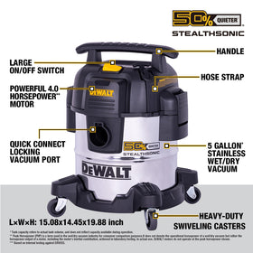 DEWALT Stealthsonic suction performance for dry debris and spills