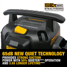 DEWALT StealthSonic vacuum cord and casters emphasize easy mobility across surfaces.