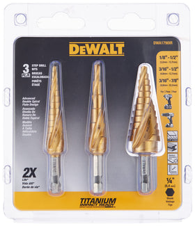 DEWALT DWA1790IR titanium-nitride-coated step bits show longer life and efficient chip removal.