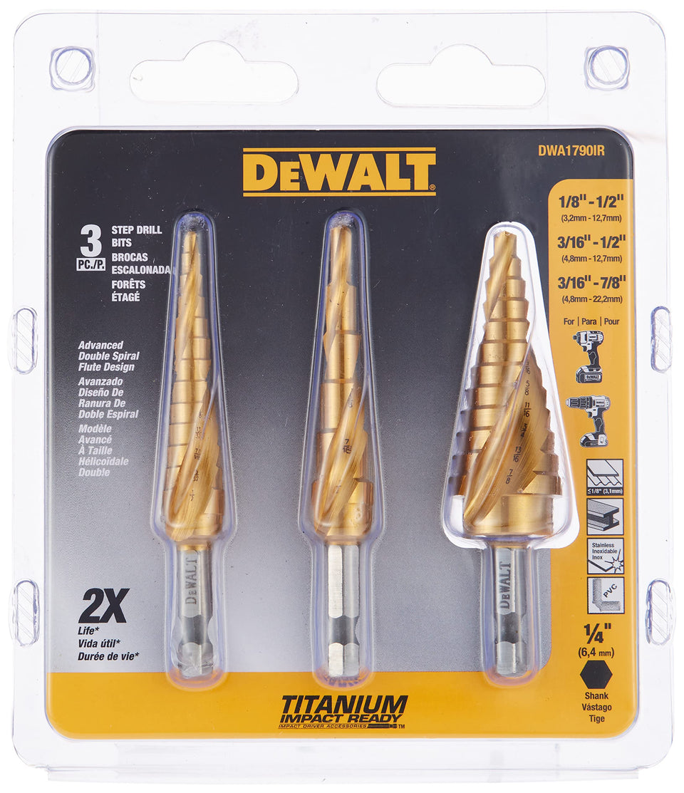 DEWALT DWA1790IR titanium-nitride-coated step bits show longer life and efficient chip removal.