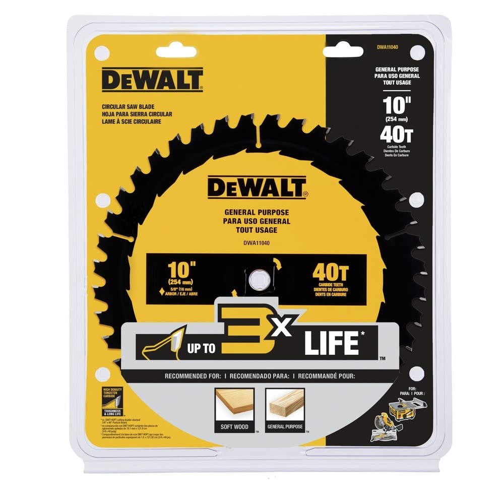 DEWALT 10-inch blade with ultra sharp carbide for long life and smoother edges.