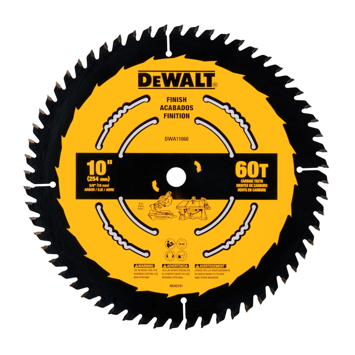 DEWALT table saw blade close-up showing finish teeth for precision cuts.