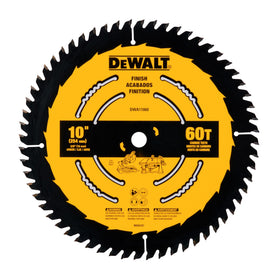 DEWALT table saw blade close-up showing finish teeth for precision cuts.