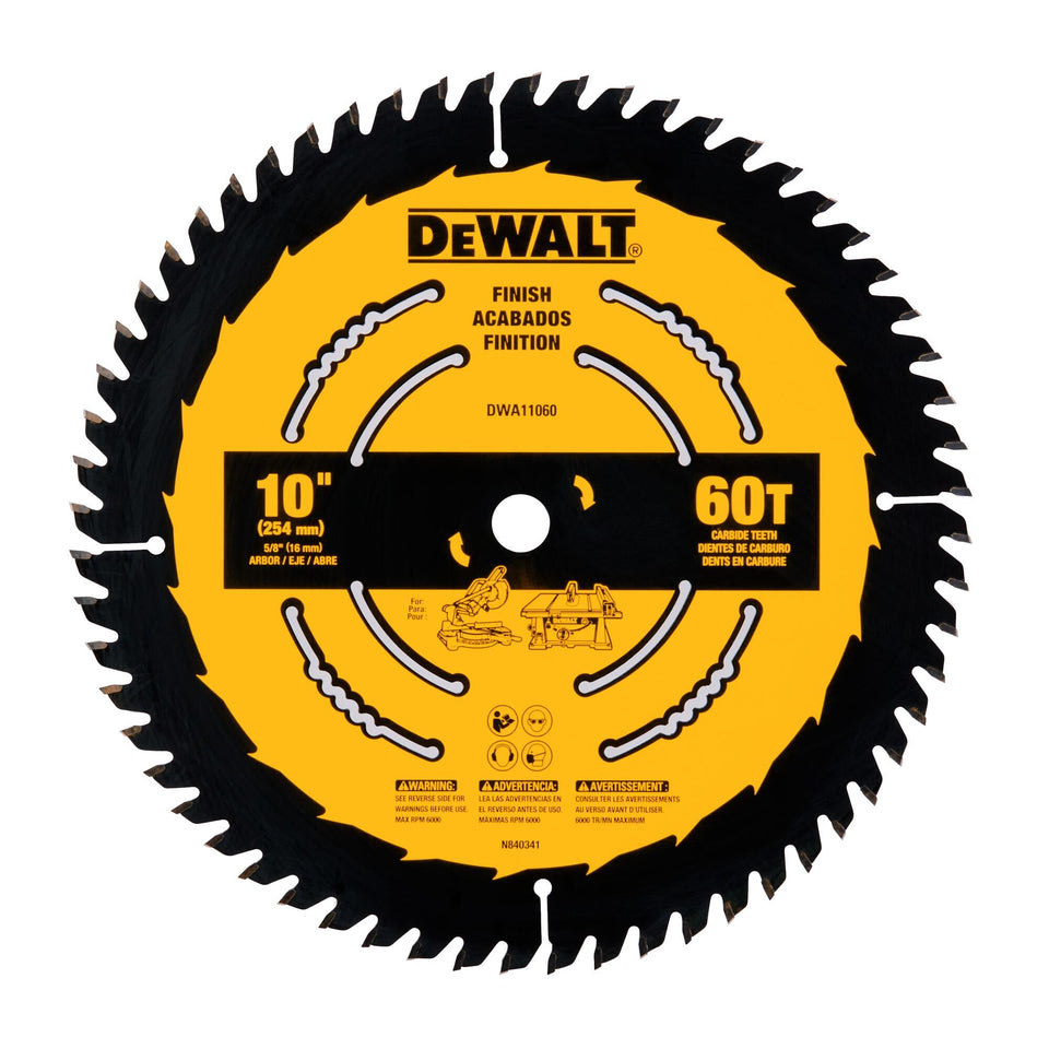 DEWALT table saw blade close-up showing finish teeth for precision cuts.