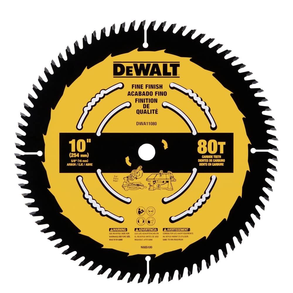 DEWALT table saw blade 80T teeth close-up showing ultra sharp carbide for clean cuts