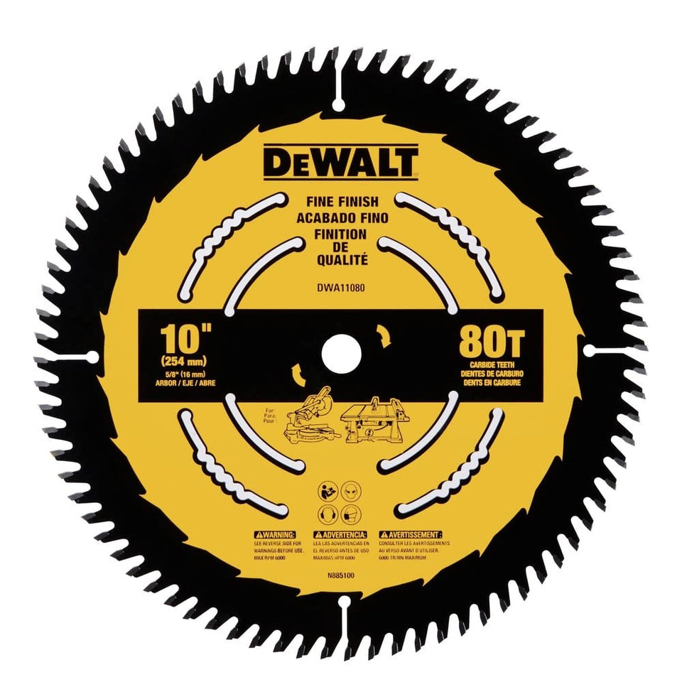 DEWALT table saw blade 80T teeth close-up showing ultra sharp carbide for clean cuts