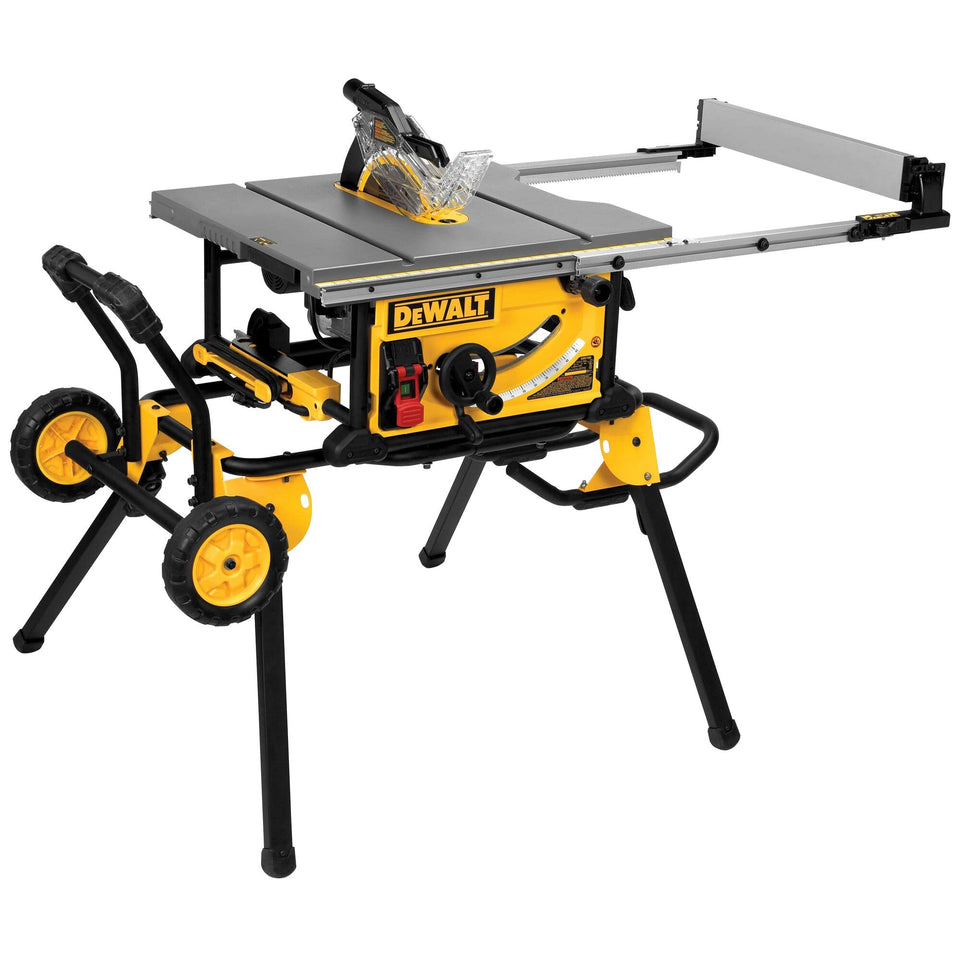 DEWALT table saw rolling stand shown for easy setup and stable portability on job sites
