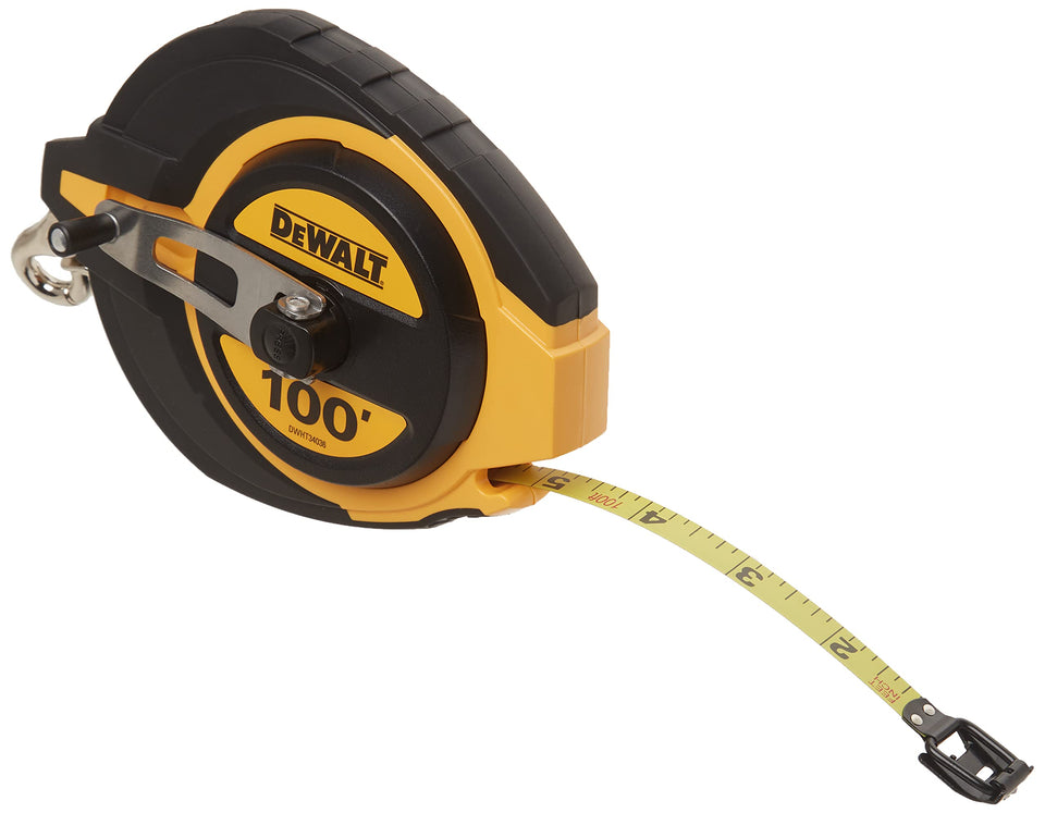 DEWALT 100ft tape measure with metal blade for durable on-site measurements.