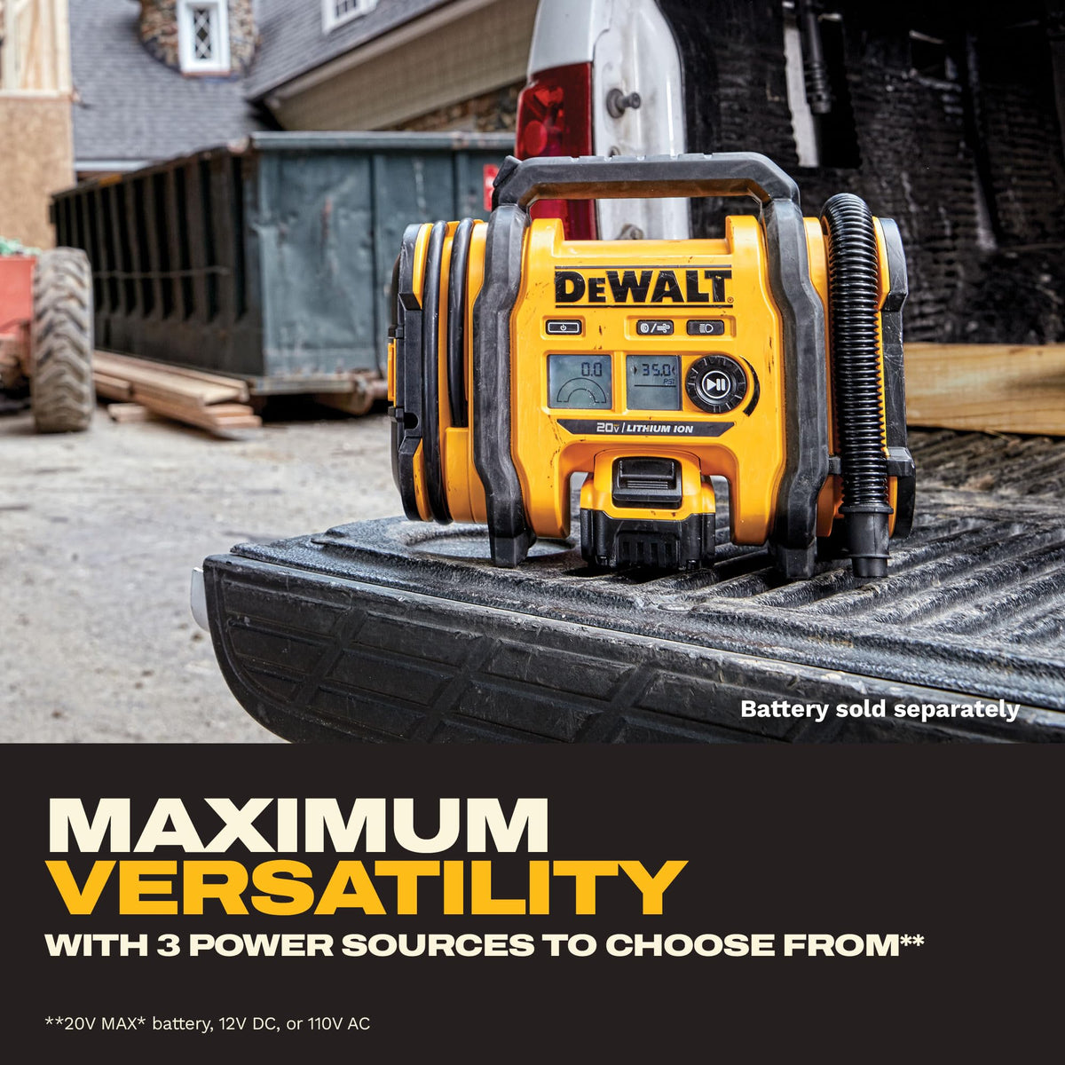 DEWALT tire inflator high-volume hose for fast inflation of large items
