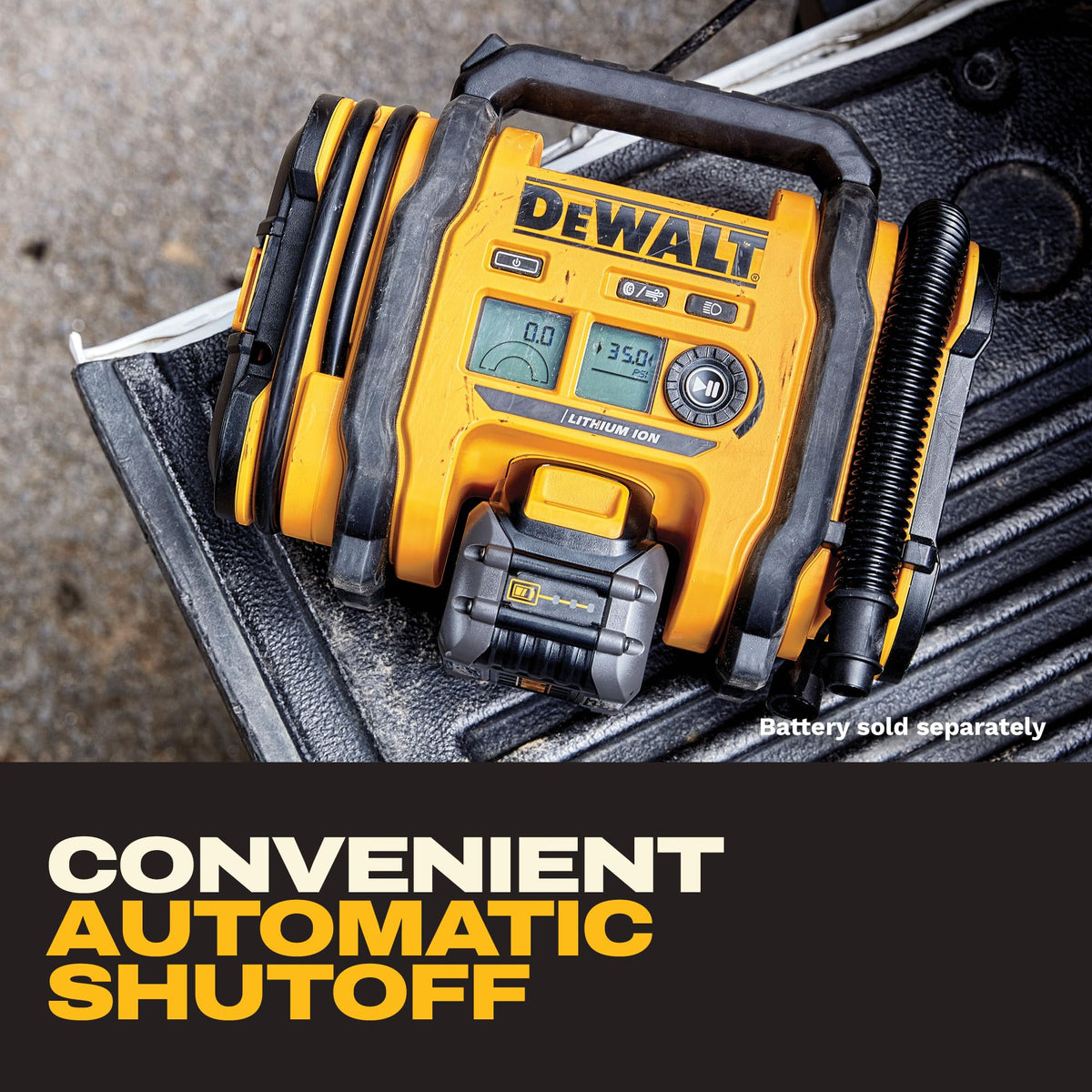 DEWALT tire inflator with threaded chuck for secure valve connection