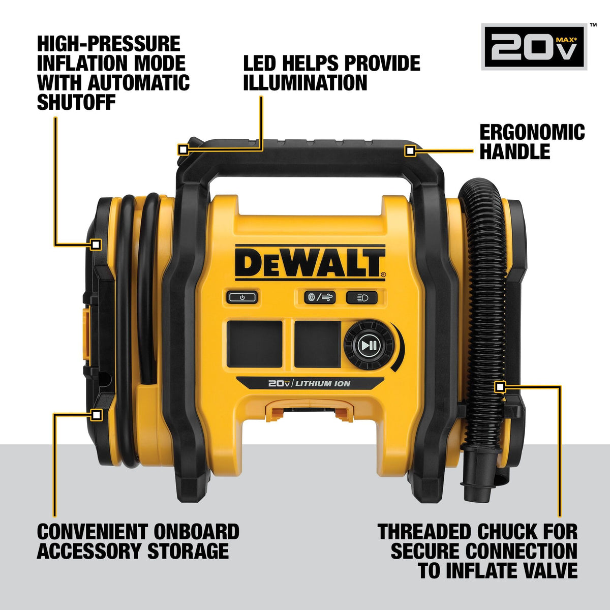 DEWALT tire inflator offers three power sources for versatile jobsite use
