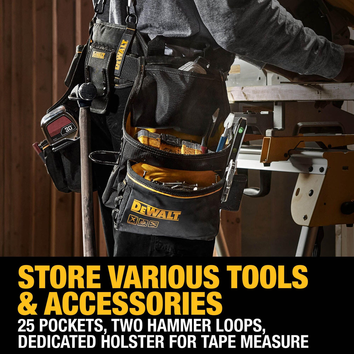 DEWALT Tool Belt Organizer fabric and rivets shown for rugged durability.