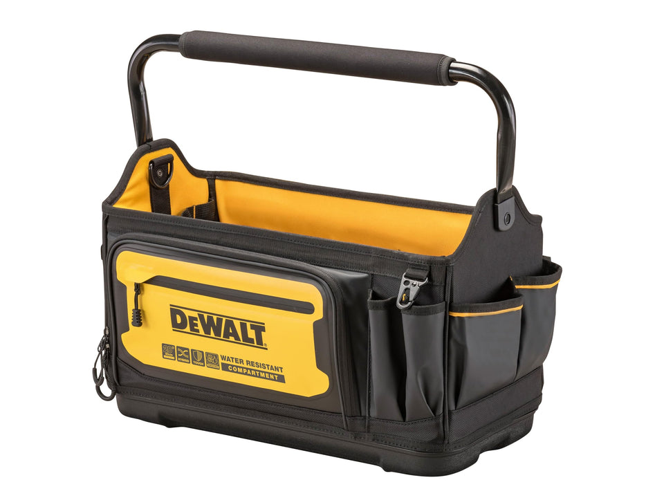 DEWALT tool tote front view with open-top design for quick access to tools