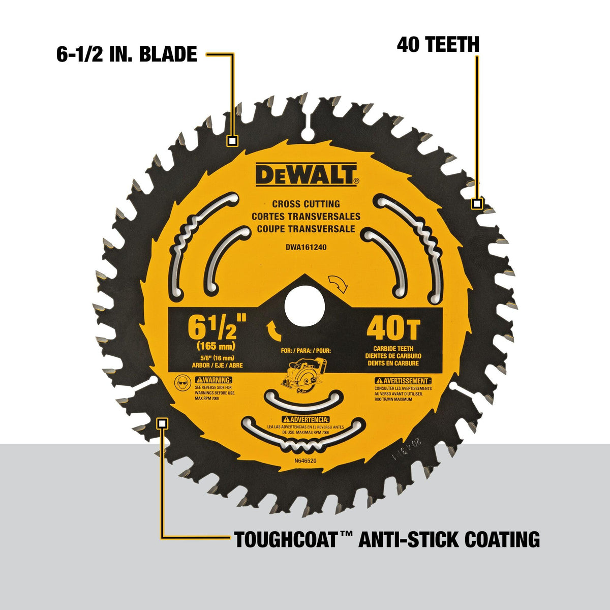 DEWALT blade emphasizing ToughTrack design for accurate tracking over time.
