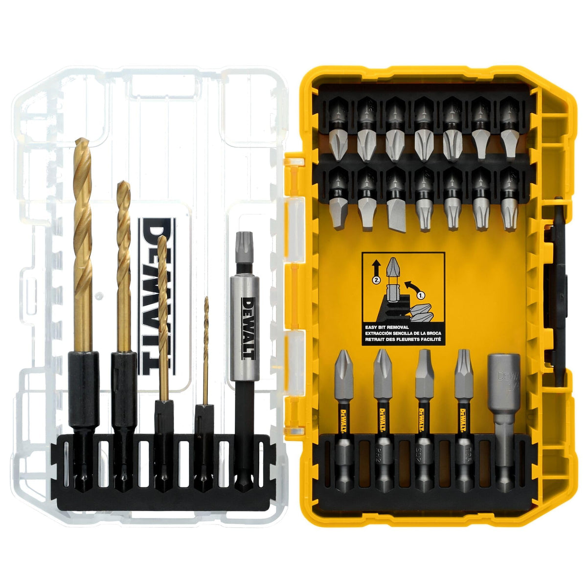 DEWALT Tough Grip 27pc set shown with organized bits for versatile screwing tasks