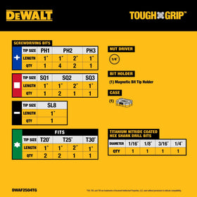 DEWALT Tough Grip impact drill driver bits for heavy-duty drives and reduced slippage