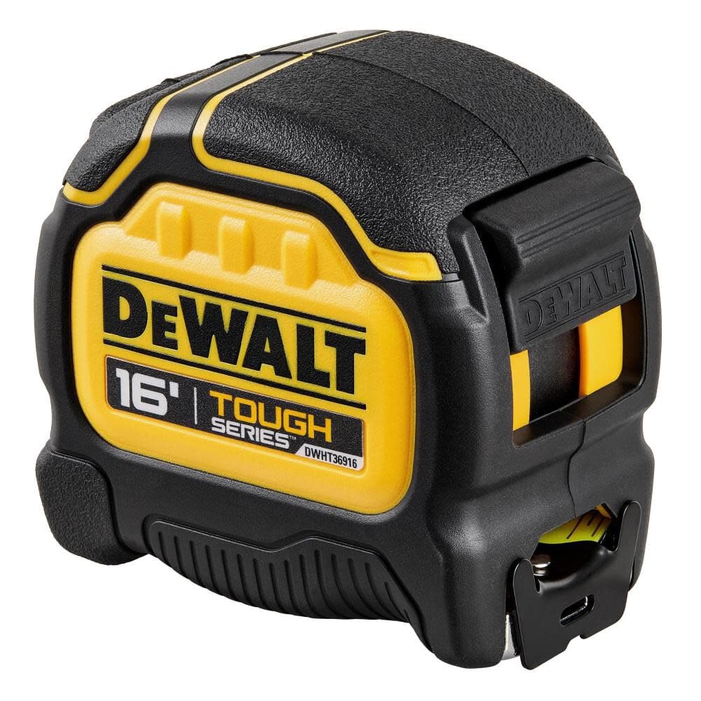 DEWALT Tough Tape case highlights rugged design for job sites.