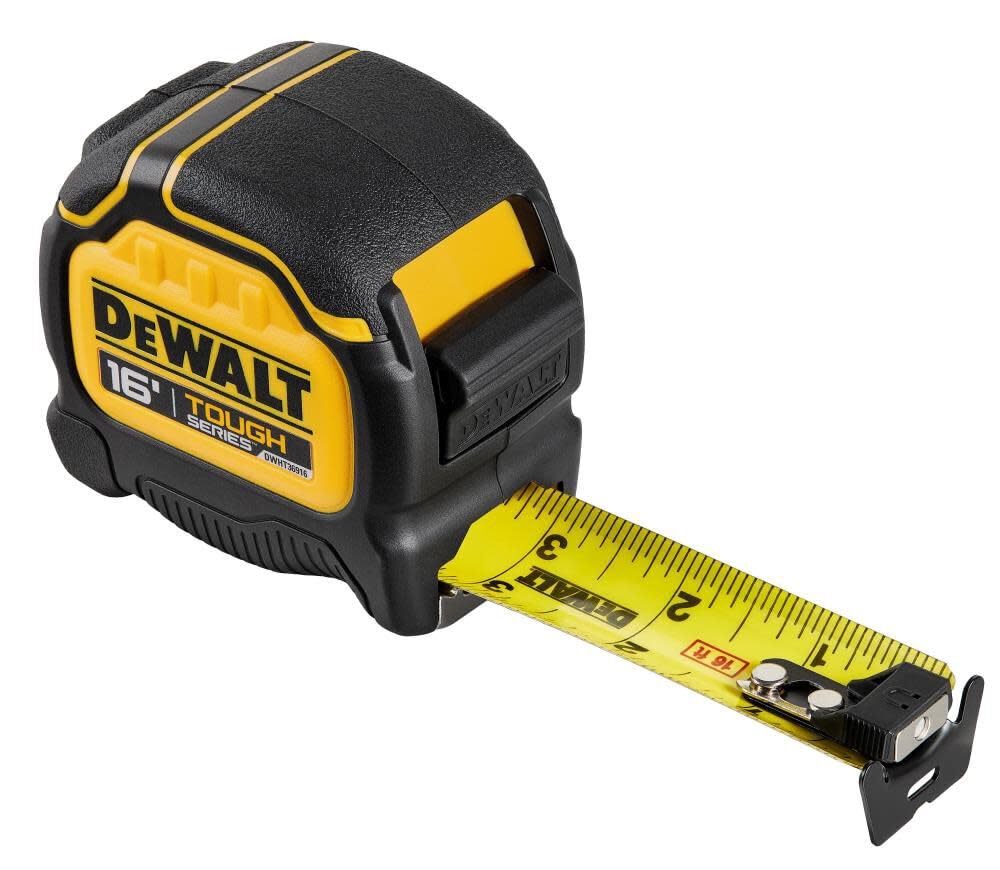 DEWALT Tough Tape measuring action indicates smooth pull for layouts.