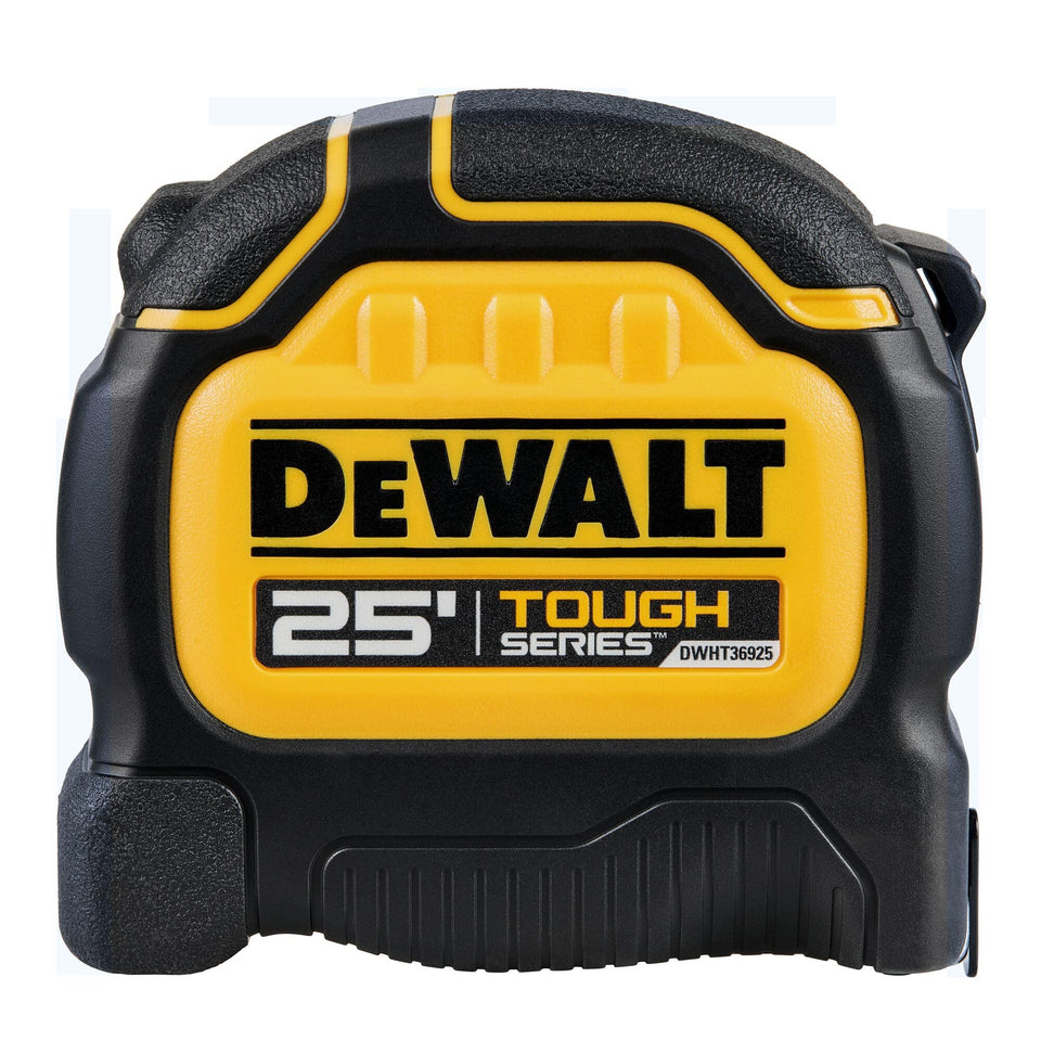 DEWALT ToughSeries 25 ft tape measure front view shows rugged housing for tough sites