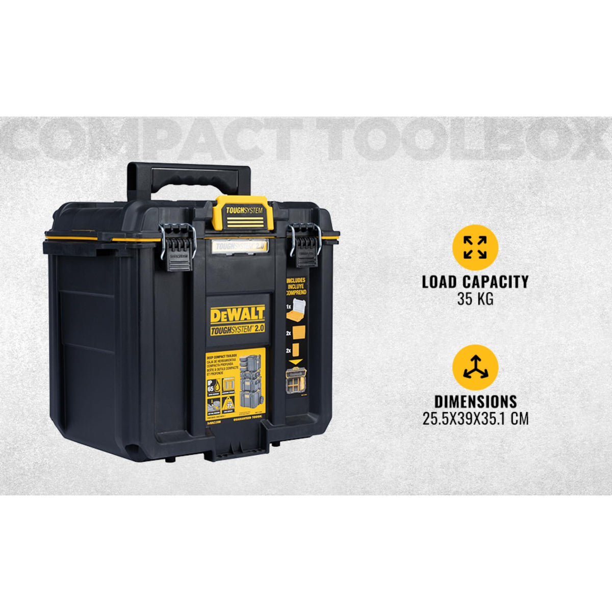 DEWALT TOUGHSYSTEM 2.0 built-in side-handles support tool belt hanging.