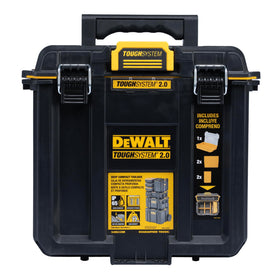 DEWALT TOUGHSYSTEM 2.0 deep toolbox with side latch for quick linking on site.