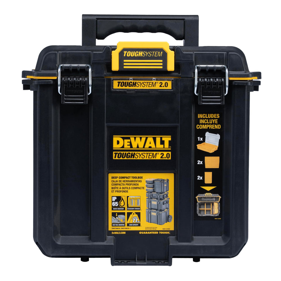 DEWALT TOUGHSYSTEM 2.0 deep toolbox with side latch for quick linking on site.