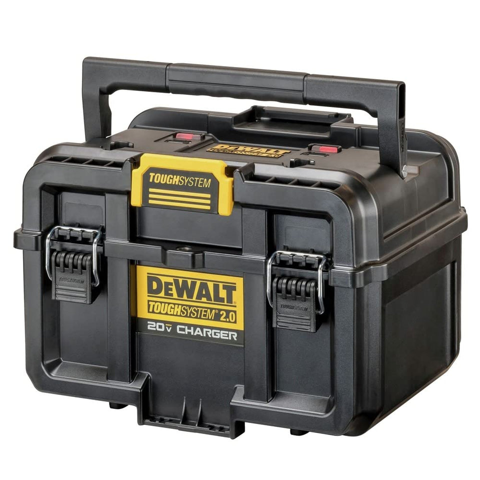 DEWALT ToughSystem 2.0 dual-port charger with batteries ready for on-site charging.
