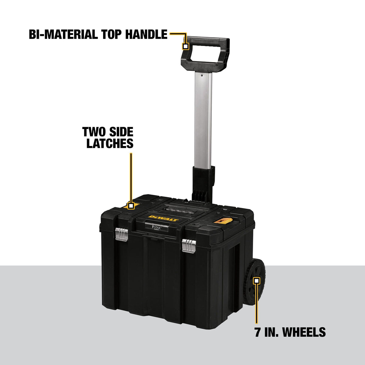 DEWALT TSTAK 7-inch wheels roll smoothly over uneven surfaces