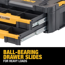 DEWALT TSTAK bi-material handle delivers comfortable lifting during transport.