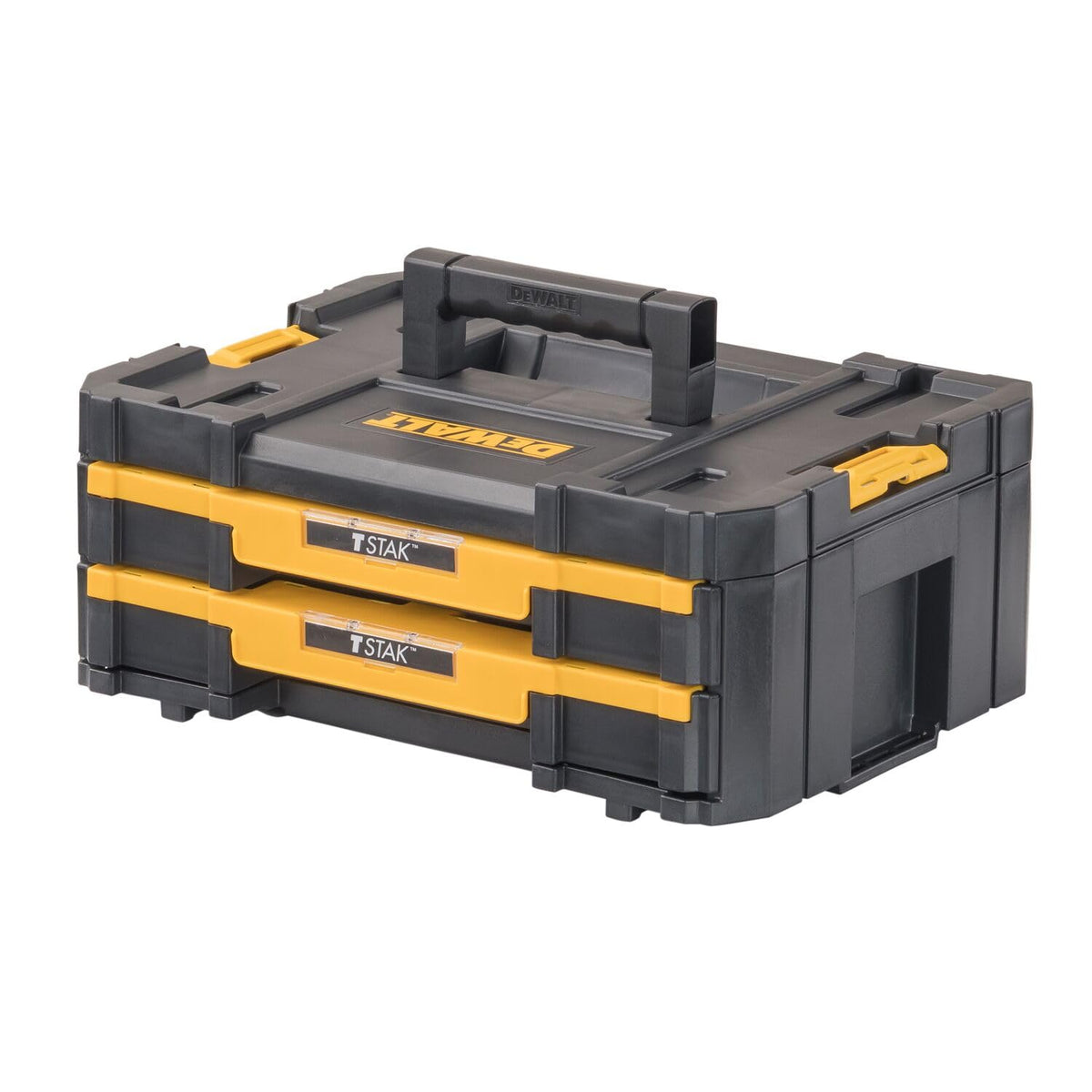 DEWALT TSTAK double drawers front view for portable small parts organization on job sites.