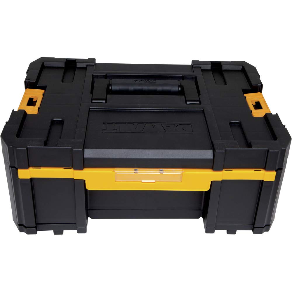 DEWALT TSTAK III deep drawer closeup with rugged latches for on-site storage.