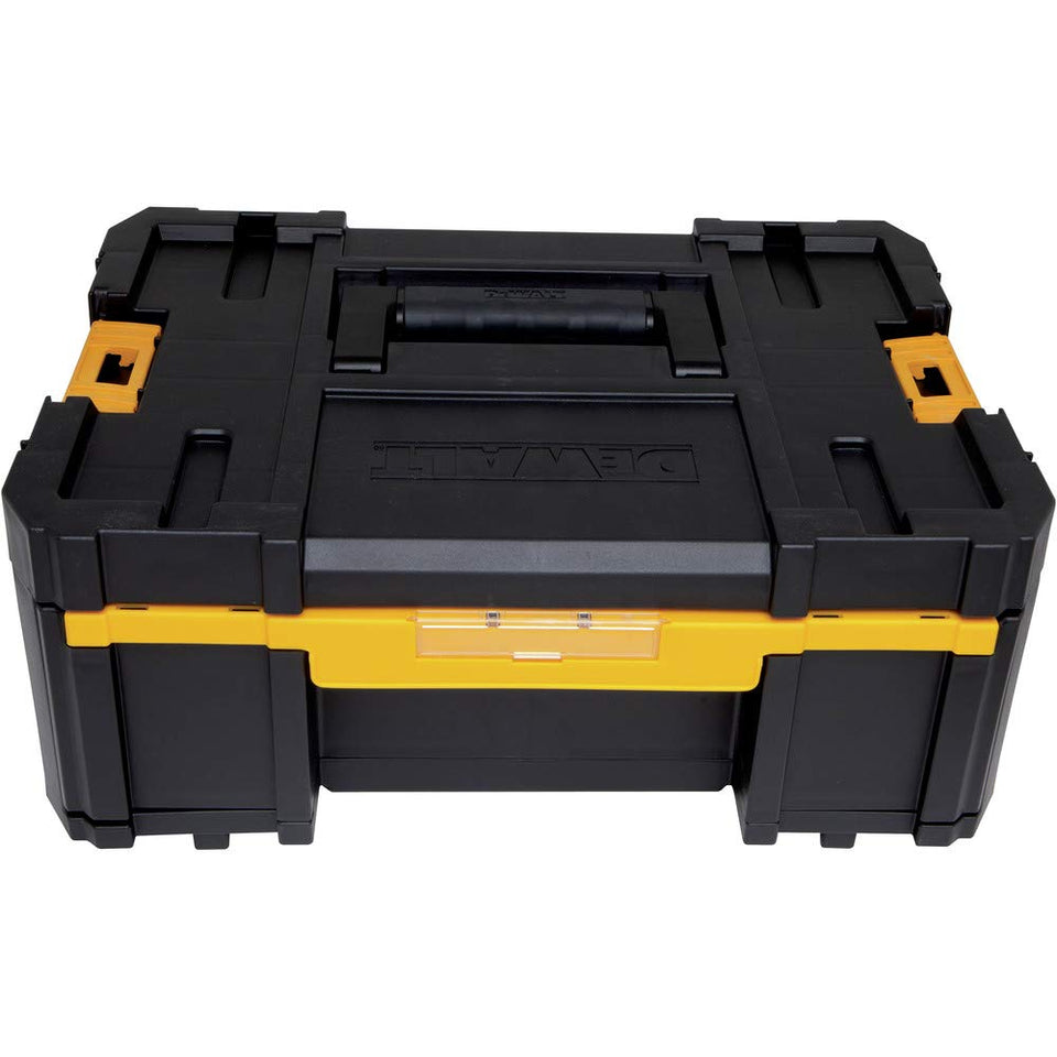 DEWALT TSTAK III deep drawer closeup with rugged latches for on-site storage.