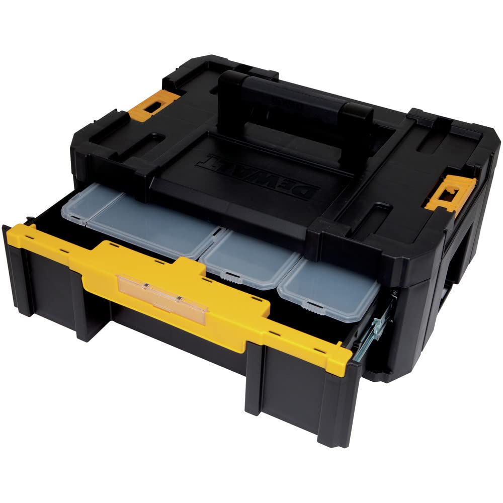 DEWALT TSTAK III stackable design with side latches for modular storage.