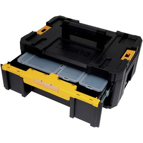 DEWALT TSTAK III stackable design with side latches for modular storage.