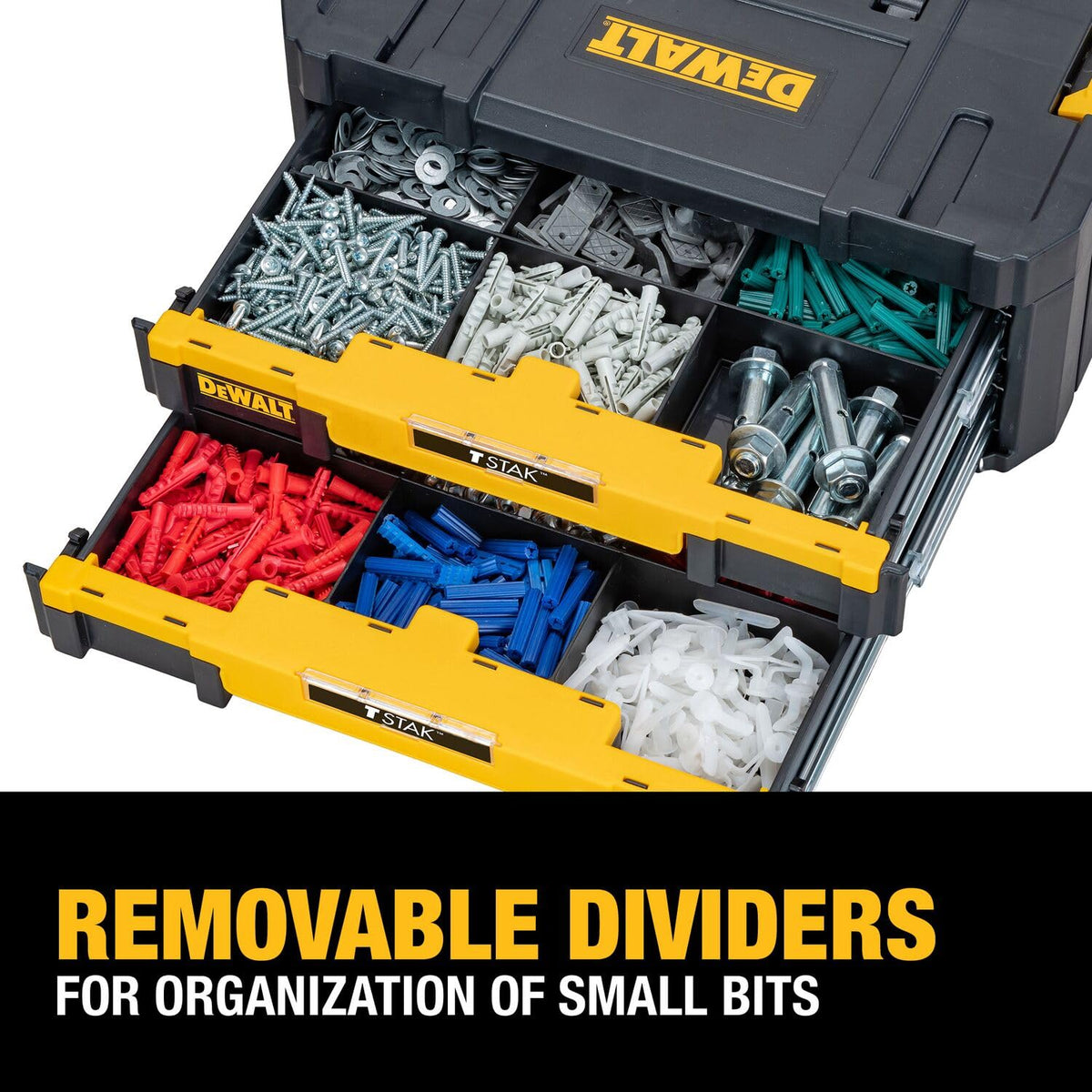 DEWALT TSTAK load capacity 16-5-lbs ensures sturdy space for small hardware.