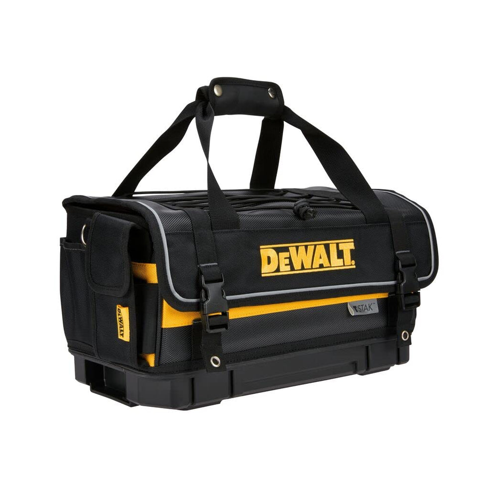 DEWALT TSTAK Tool Bag with hard base and bungee storage for on-site versatility.