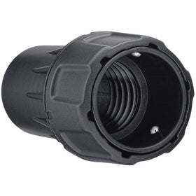 DEWALT universal tool connector attached to dust port for stable, kink-free operation.