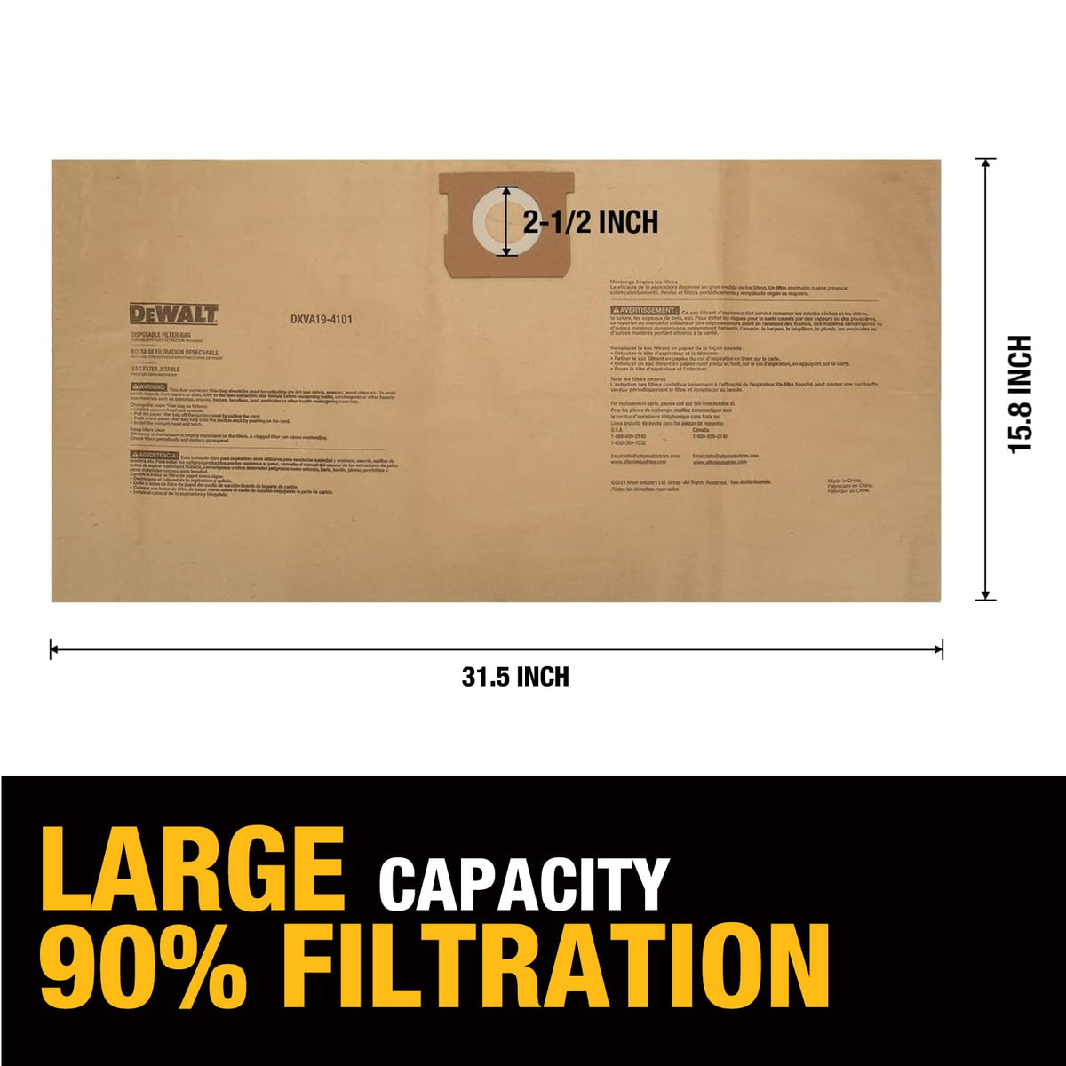 DEWALT two-layer polypropylene filtration reduces dust leakage in DXV vacuums.